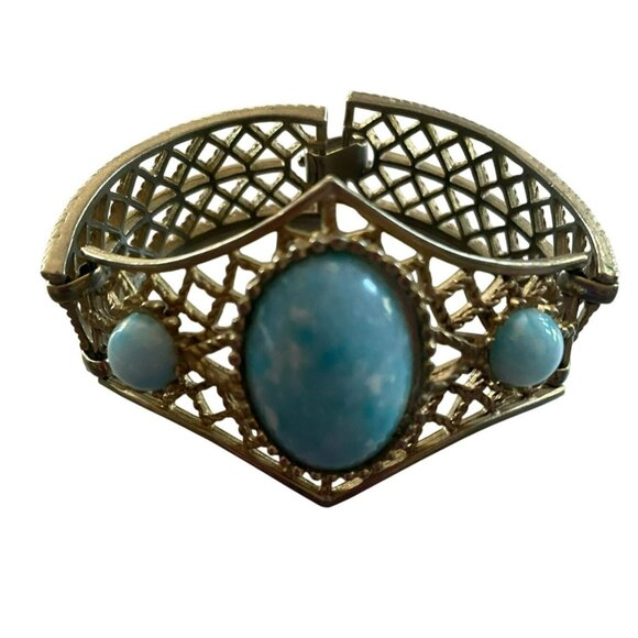Unique Vintage Gold-Tone Filigree Cuff Bracelet With Turquoise Blue Cabochon Sto - Picture 1 of 7